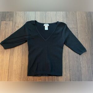 Bebe Stretch V Neck Ribbed Black Top - Size Small (Runs Small)